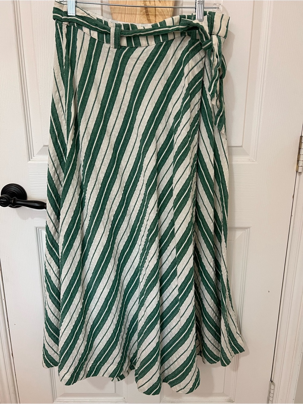 Anthropologie Green and White Diagonal Stripe Maxi Wrap Skirt